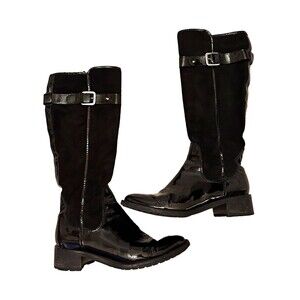 Cole Haan Tall Suede Riding Boots Patent Leather Trim Lamb Skin Lined Italy 9.5